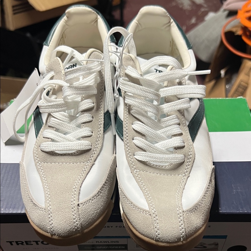 Tretorn White and Tan Sneakers with Green Accents